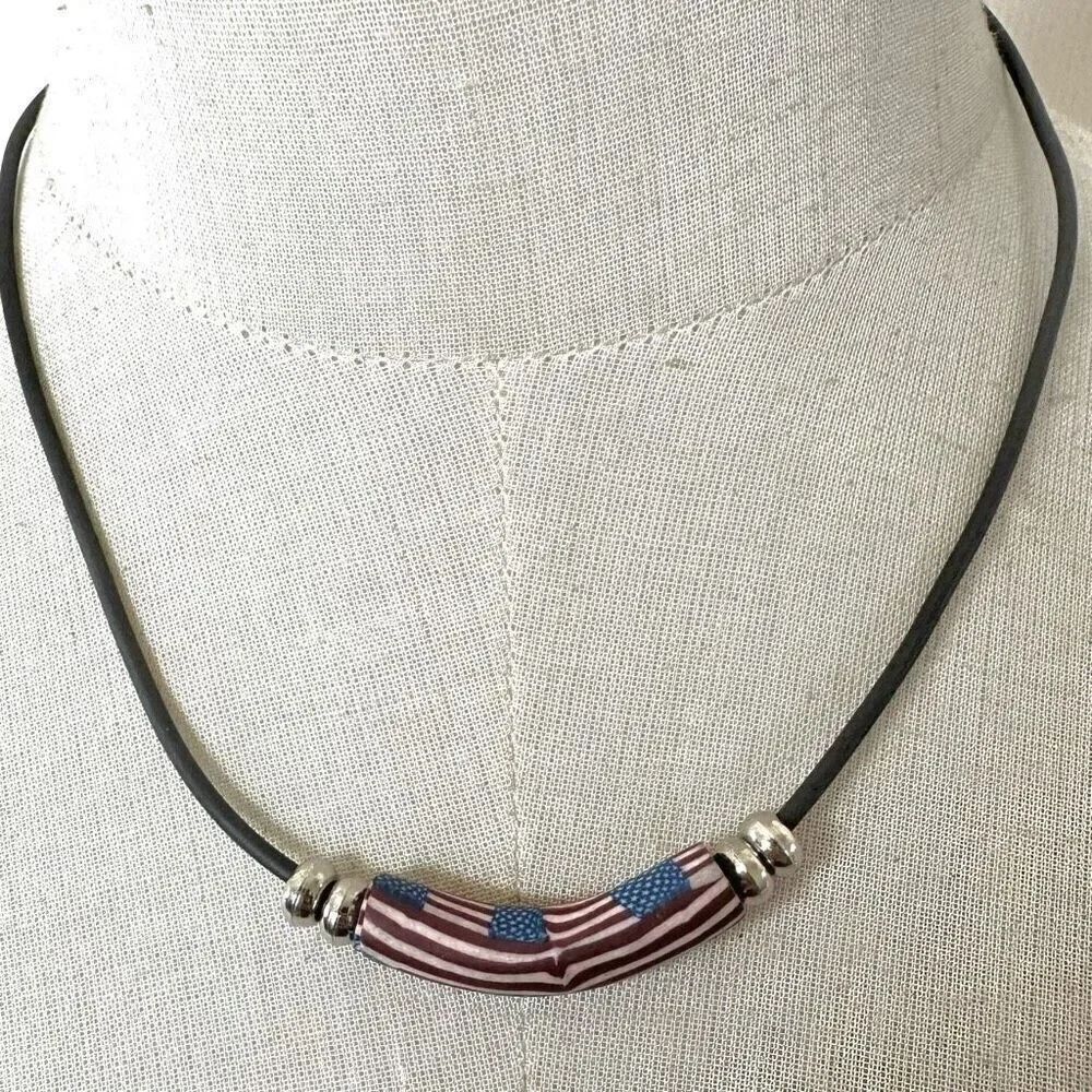 American flag tube beaded unisex necklace on cord